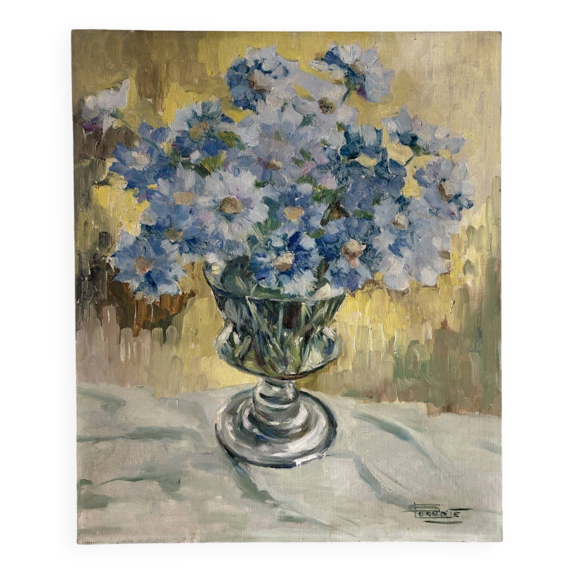 Bouquet of blue flowers, oil on canvas signed