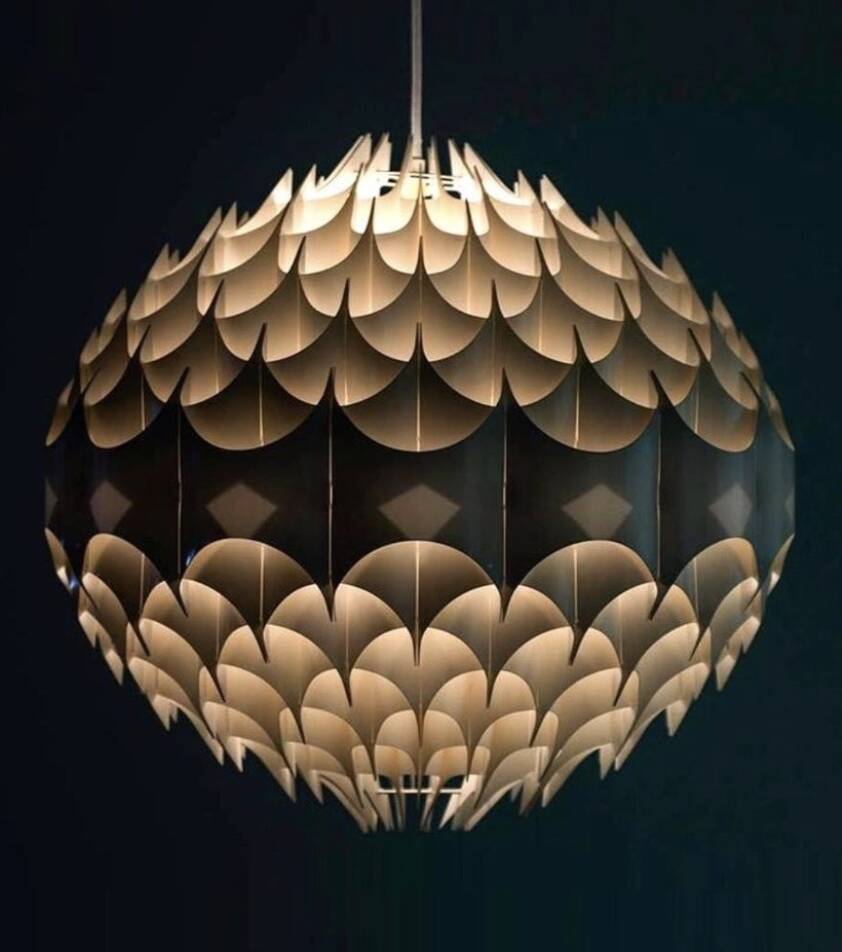Rhythmic sculptural globe pendant light by H. Milanda, Scandinavian design, 1970