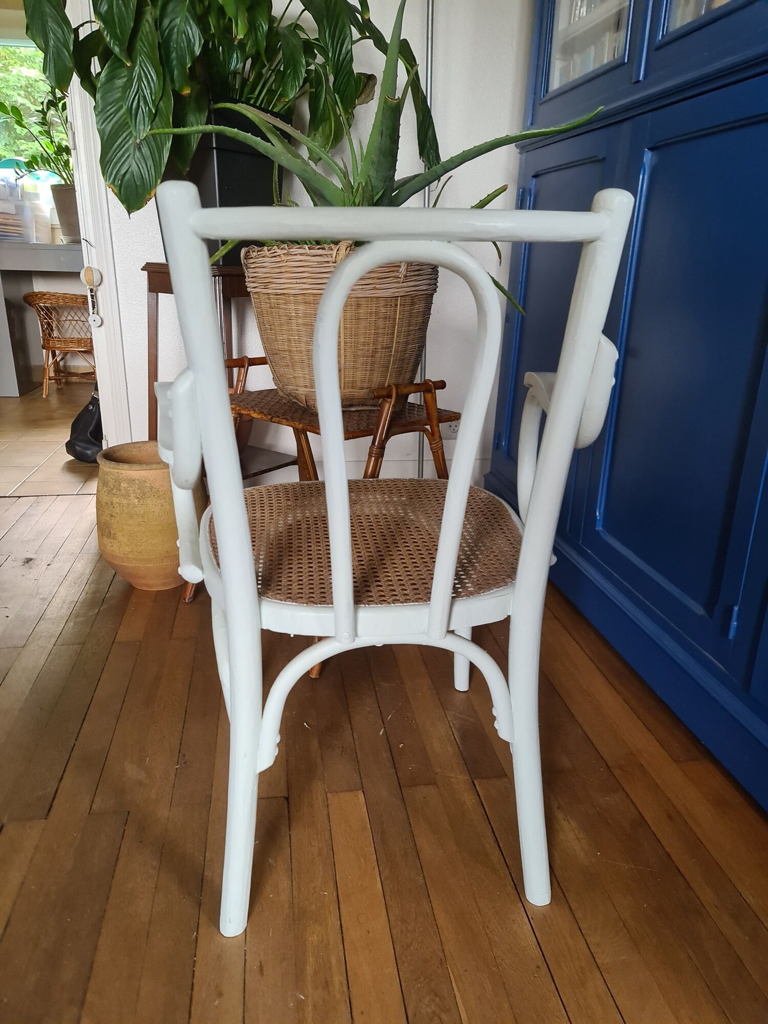 Chair / armchair cannage and wood painted shaby vintage