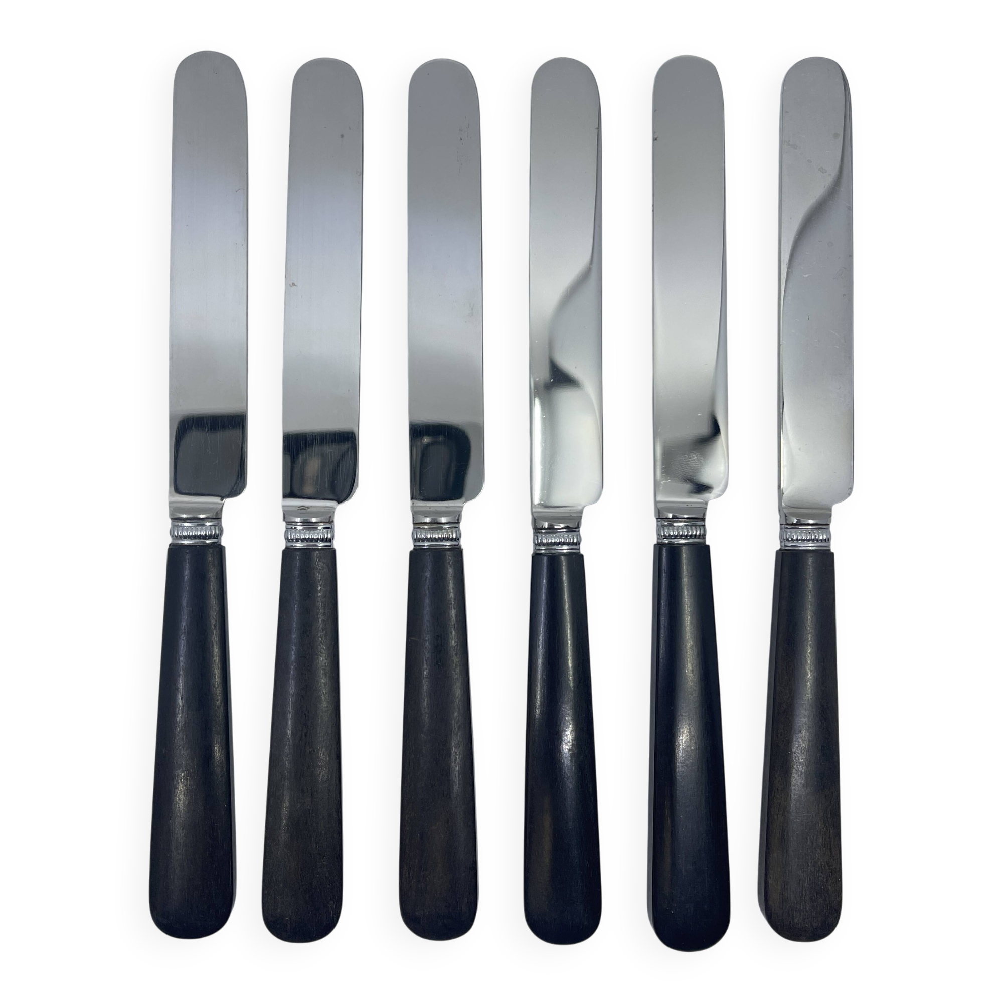 Set of 6 round-tipped dessert knives with dark wood, Nilox blade.