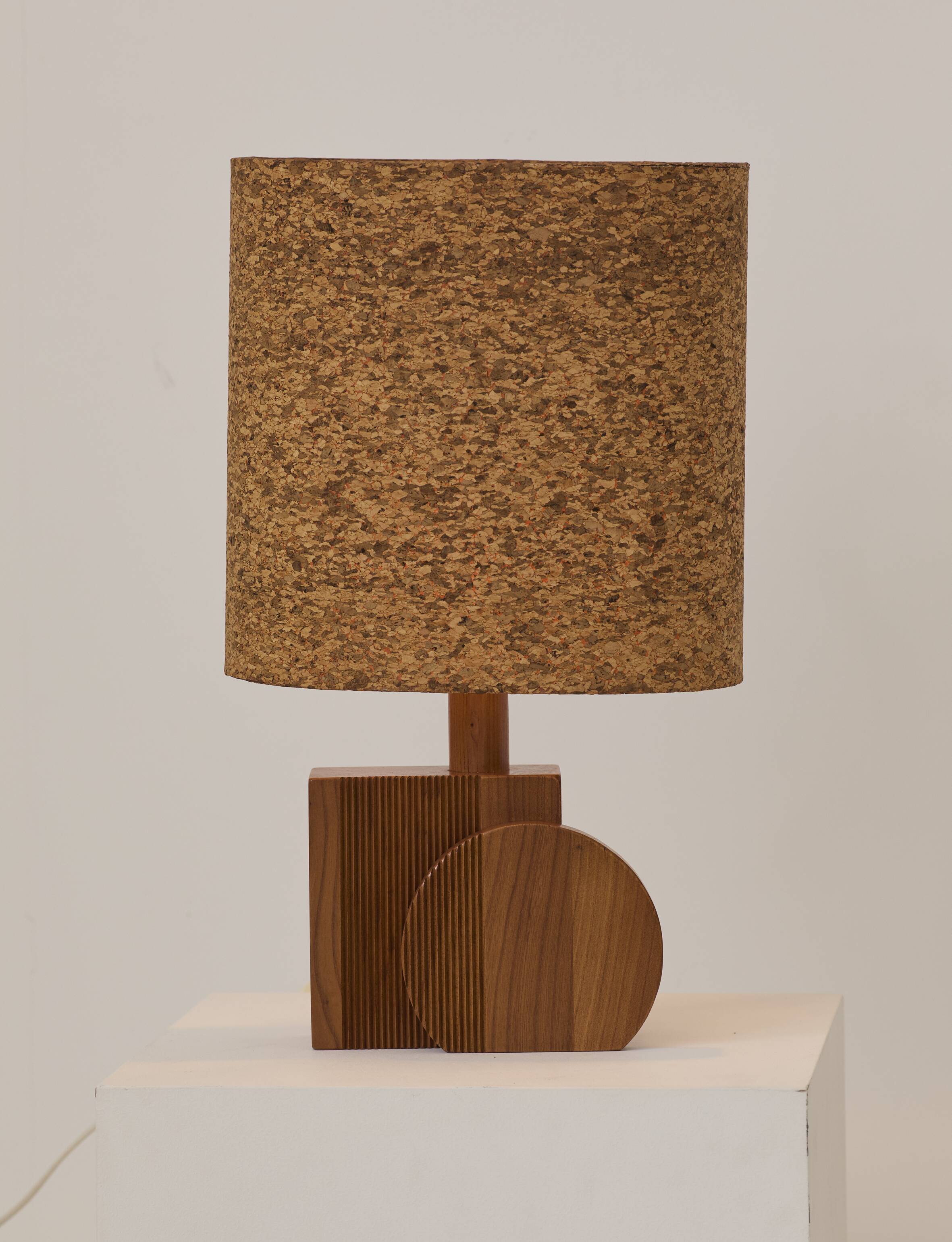 Pair of handcrafted lamps in solid oak with cork shades, circa 1970