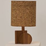 Pair of handcrafted lamps in solid oak with cork shades, circa 1970