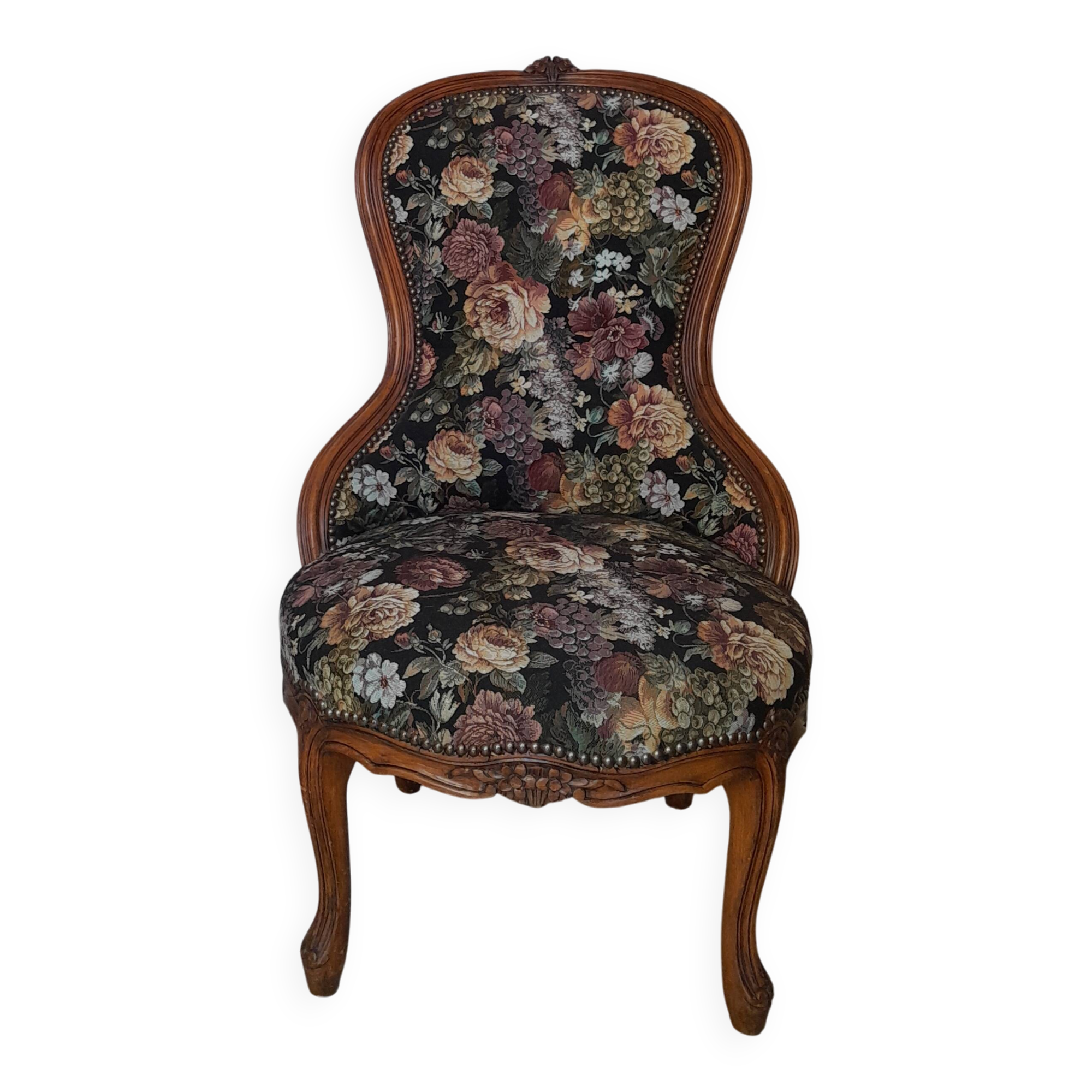 Fauteuil vintage brocante, fauteuil à tricot fleuri, classique des années 30-50