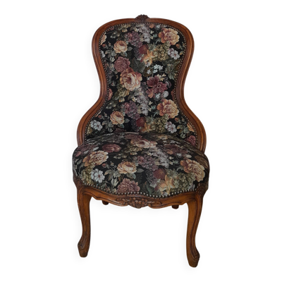 Fauteuil vintage brocante, fauteuil à tricot fleuri, classique des années 30-50.