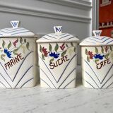 Trio of antique hand-painted ceramic pots (flour, sugar, coffee)