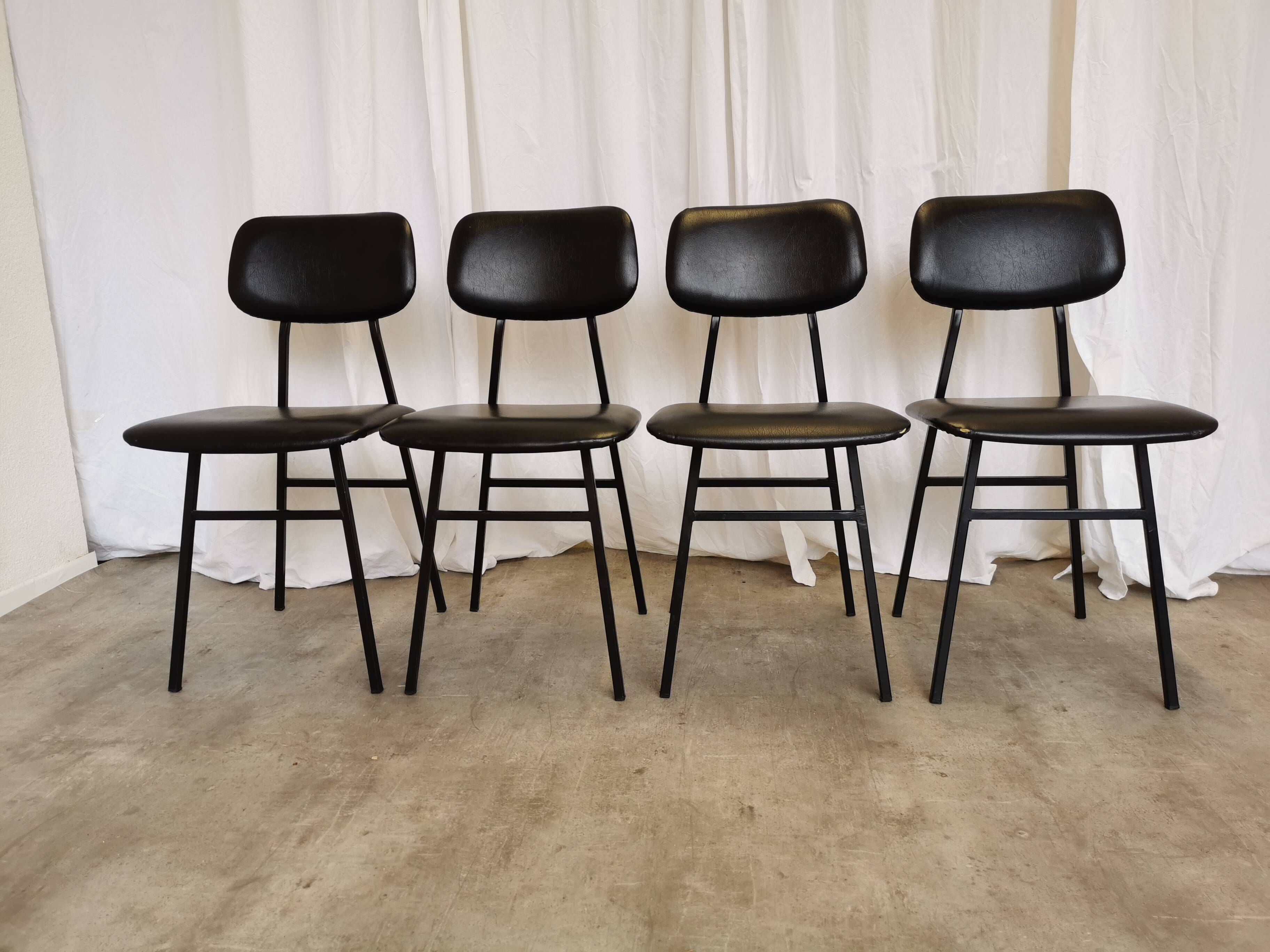 SET of 4 Vintage School Chairs /Black Leather / STOL Kamnik 80s Yugoslavia