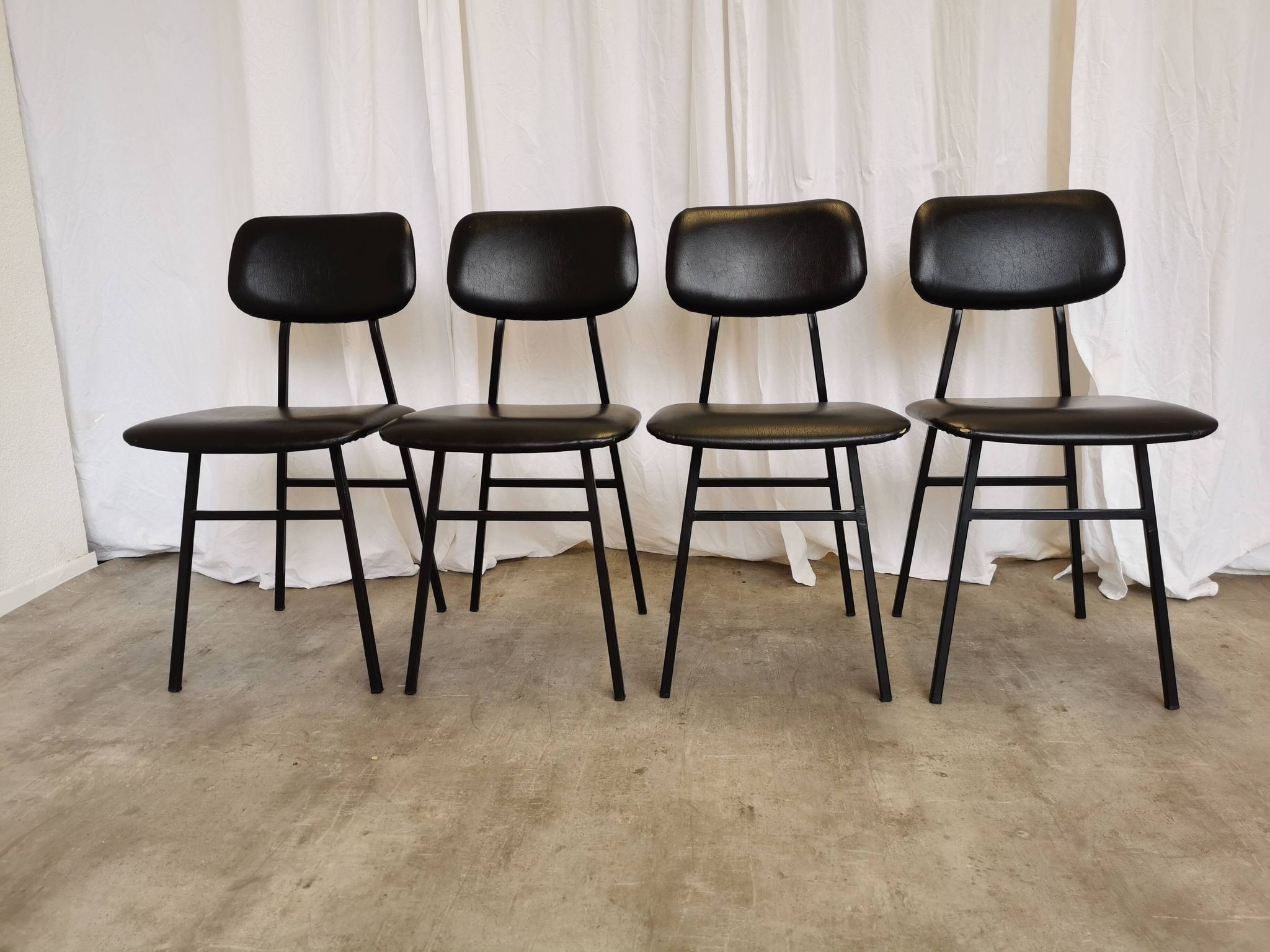 SET of 4 Vintage School Chairs /Black Leather / STOL Kamnik 80s Yugoslavia