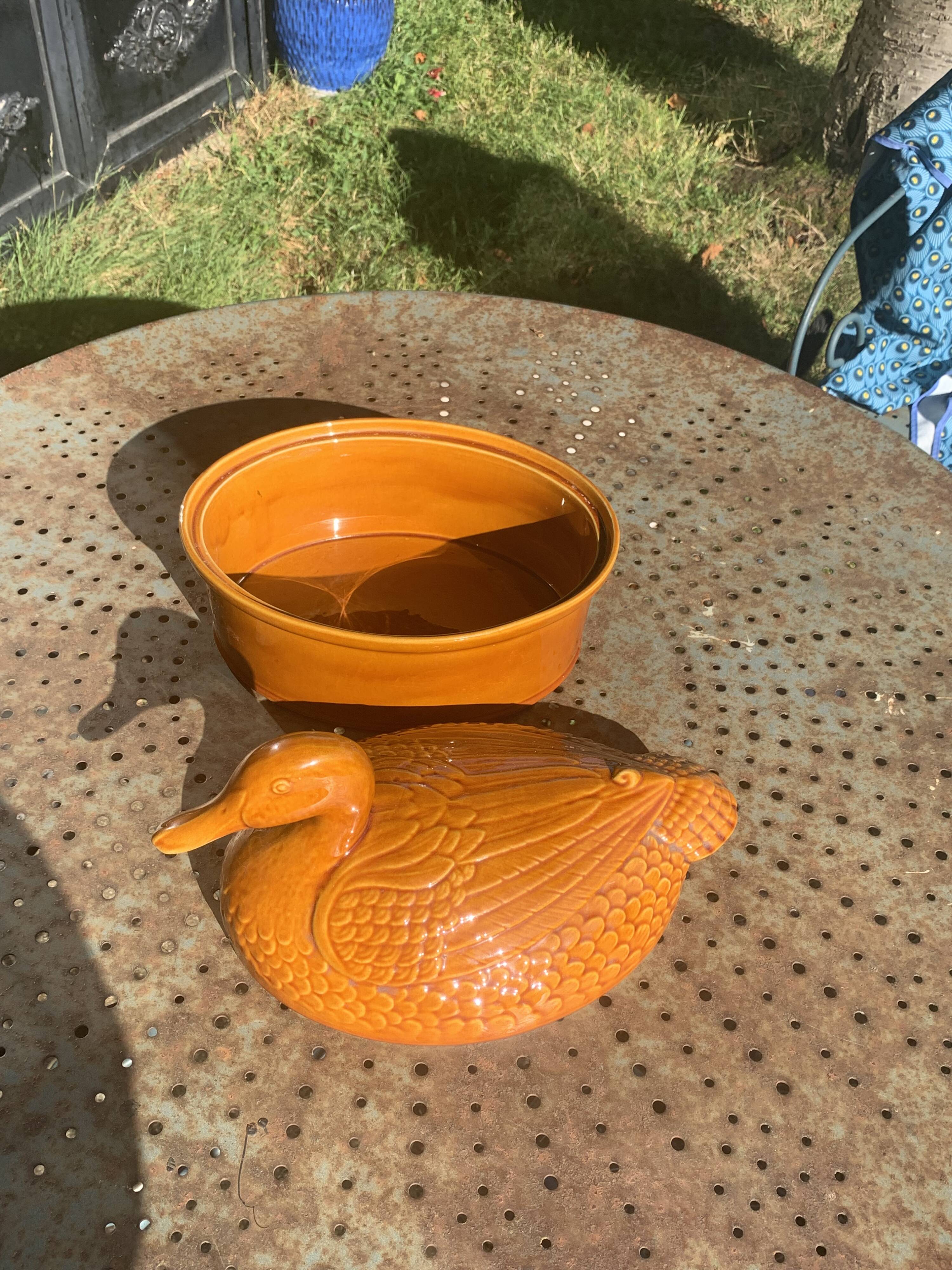 Duck, slip, glazed ceramic terrine, brown, vintage