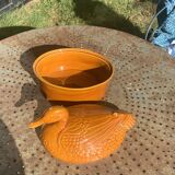 Duck, slip, glazed ceramic terrine, brown, vintage