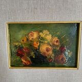 Huile nature morte, cadre bois vitré