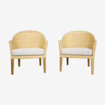 Pair of teak and rattan armchairs