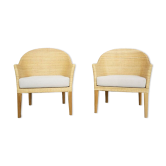 Pair of teak and rattan armchairs