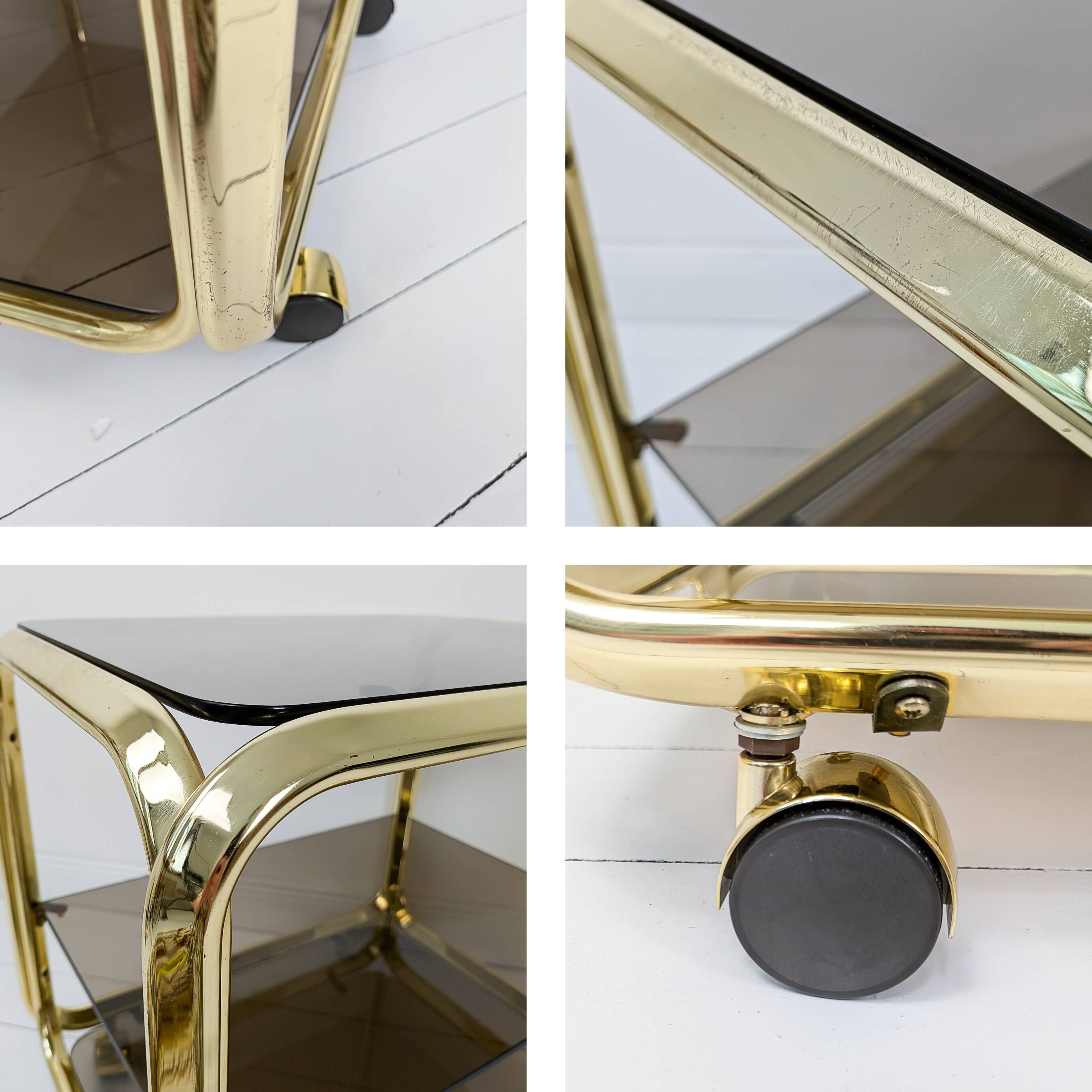 Chariot de bar Table de bar en laiton fumé Mid Century Hollywood Regency Table d'appoint à roulettes