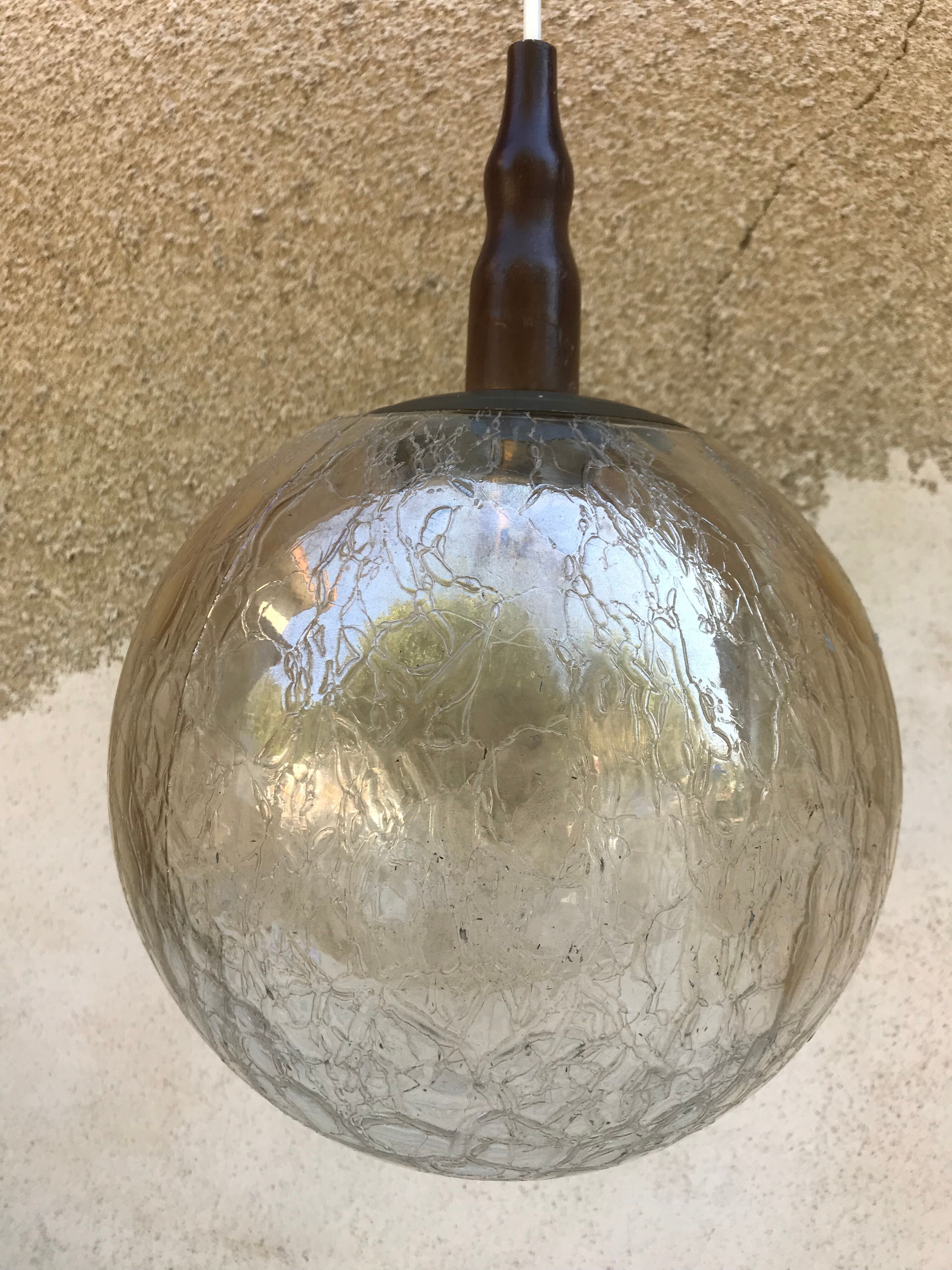 Suspension old crackled glass ball + Support brass wood Vintage