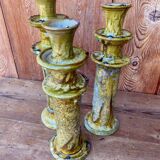 Trio of Tamegroute candlestick holders in enamelled ceramic.