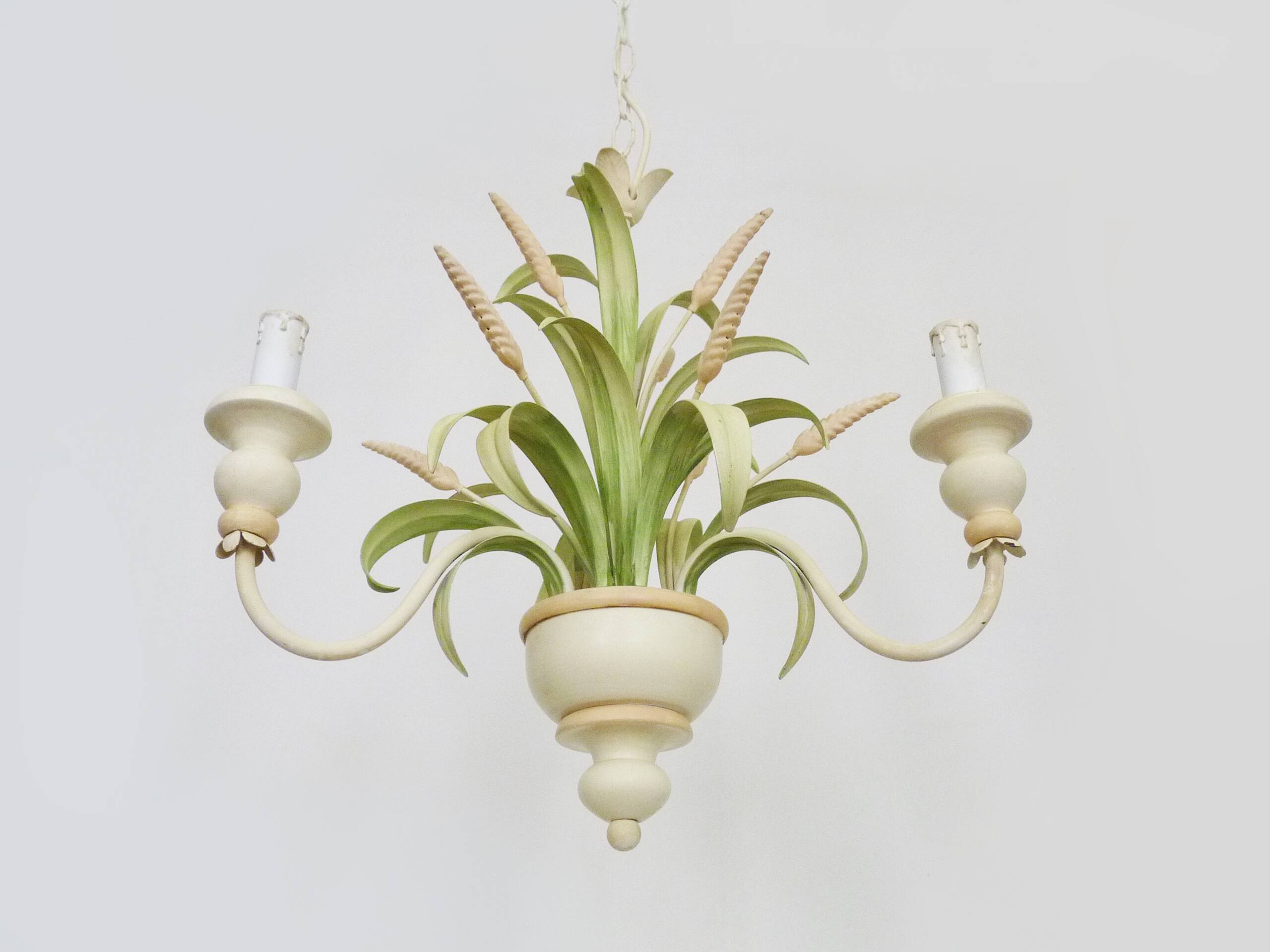 Masca vintage wheat stalk chandelier in off-white and pastel green metal.