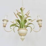 Masca vintage wheat stalk chandelier in off-white and pastel green metal.