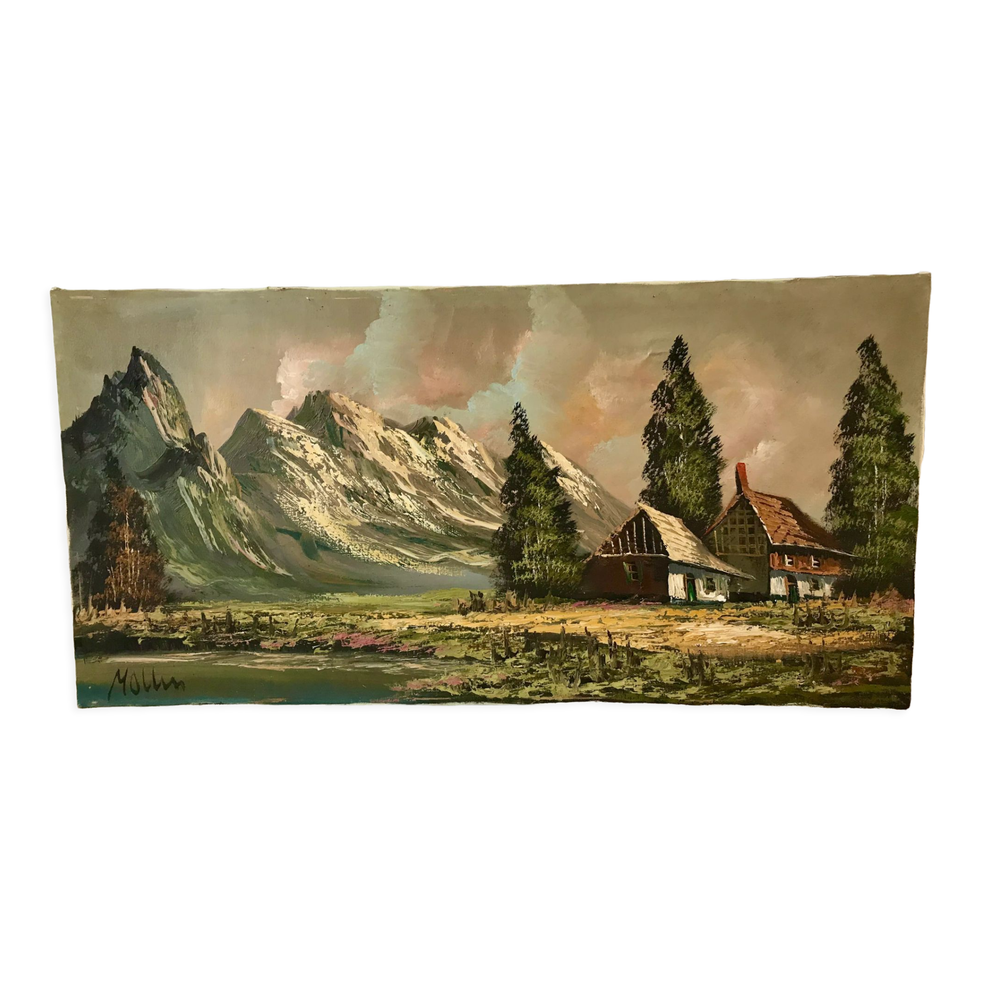 Oil painting on canvas landscape vintage mountains signed mollin