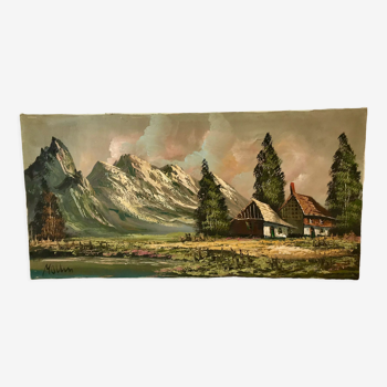 Tableau huile sur toile paysage montagnes vintage signé mollin