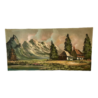 Oil painting on canvas landscape vintage mountains signed mollin