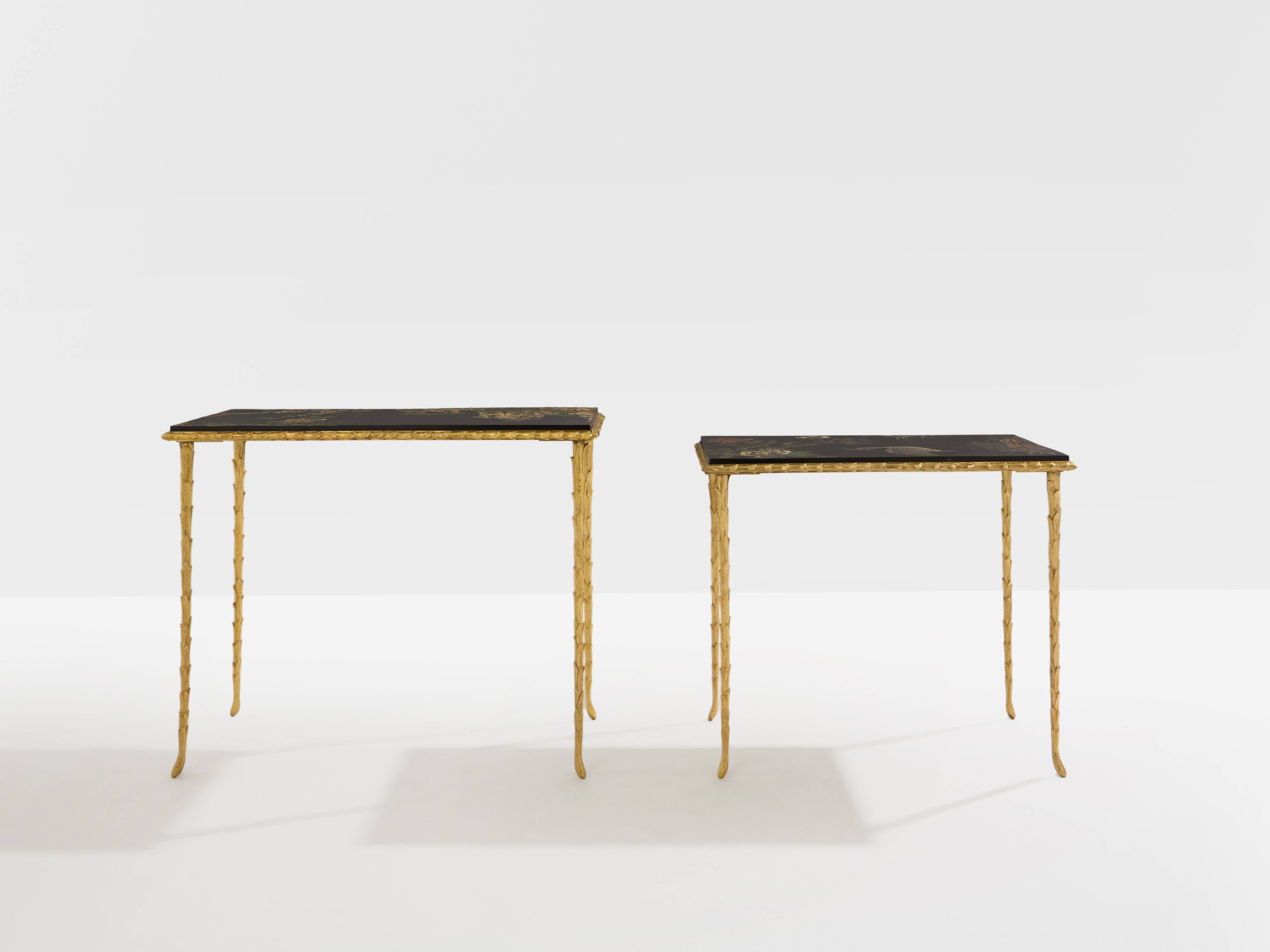 Bronze-gilded foliage side tables, Chinese lacquer, Maison Baguès, 1950.