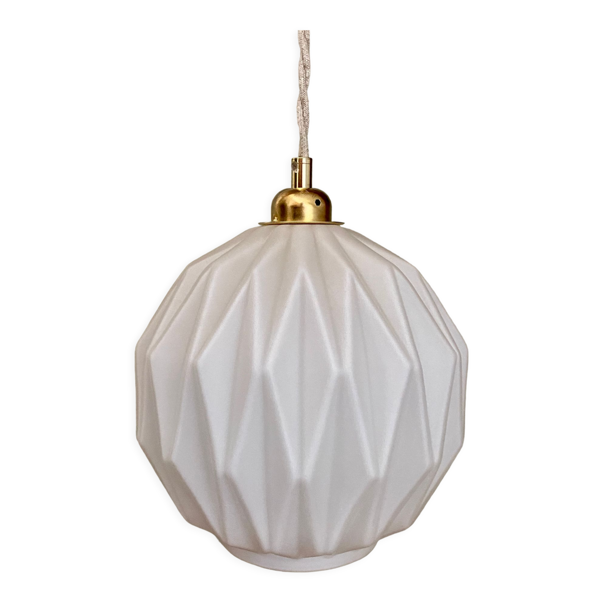 Vintage origami globe pendant lamp in white opaline