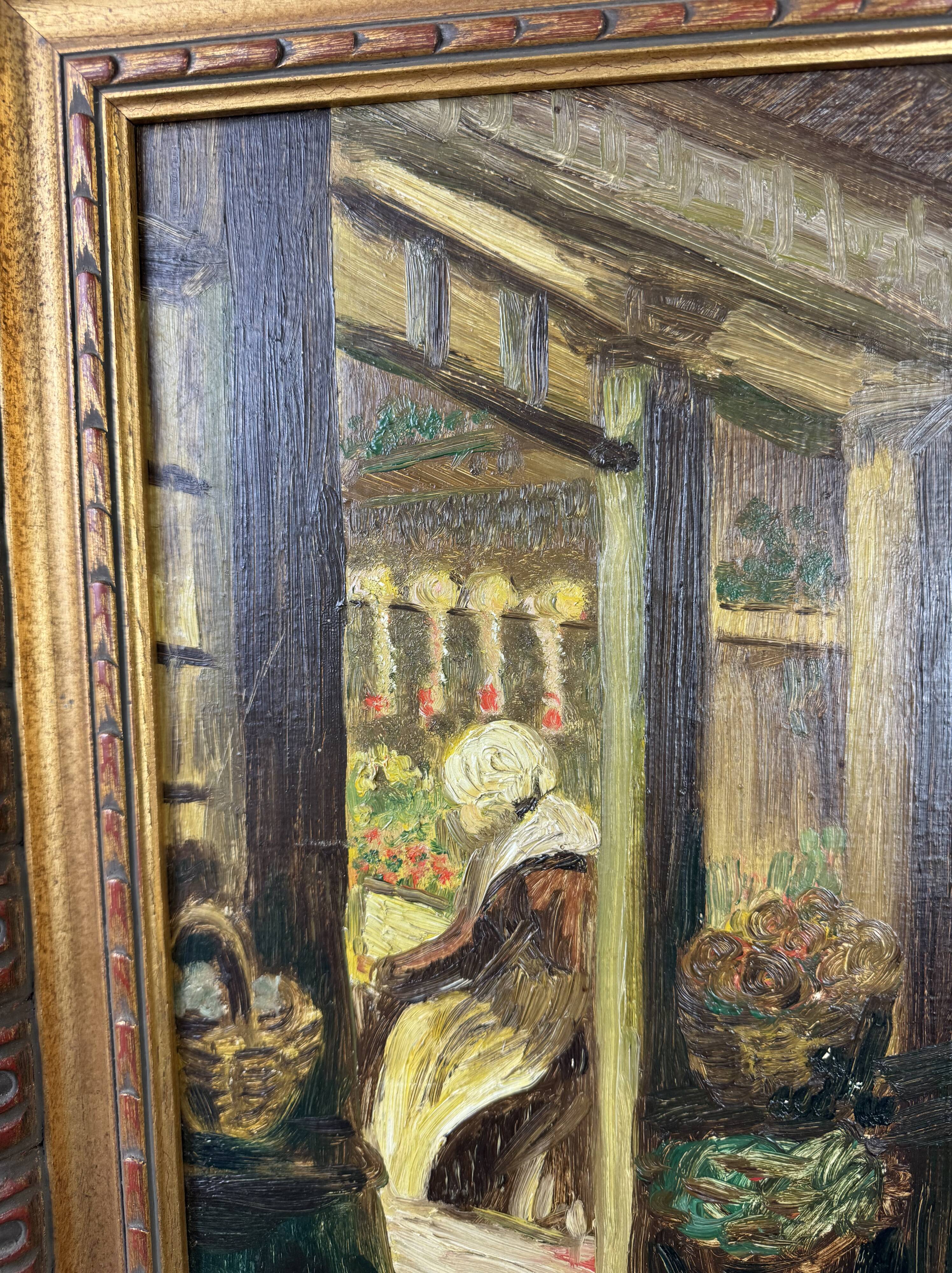 French School, early 20th century: oil on panel, lively street in Brittany