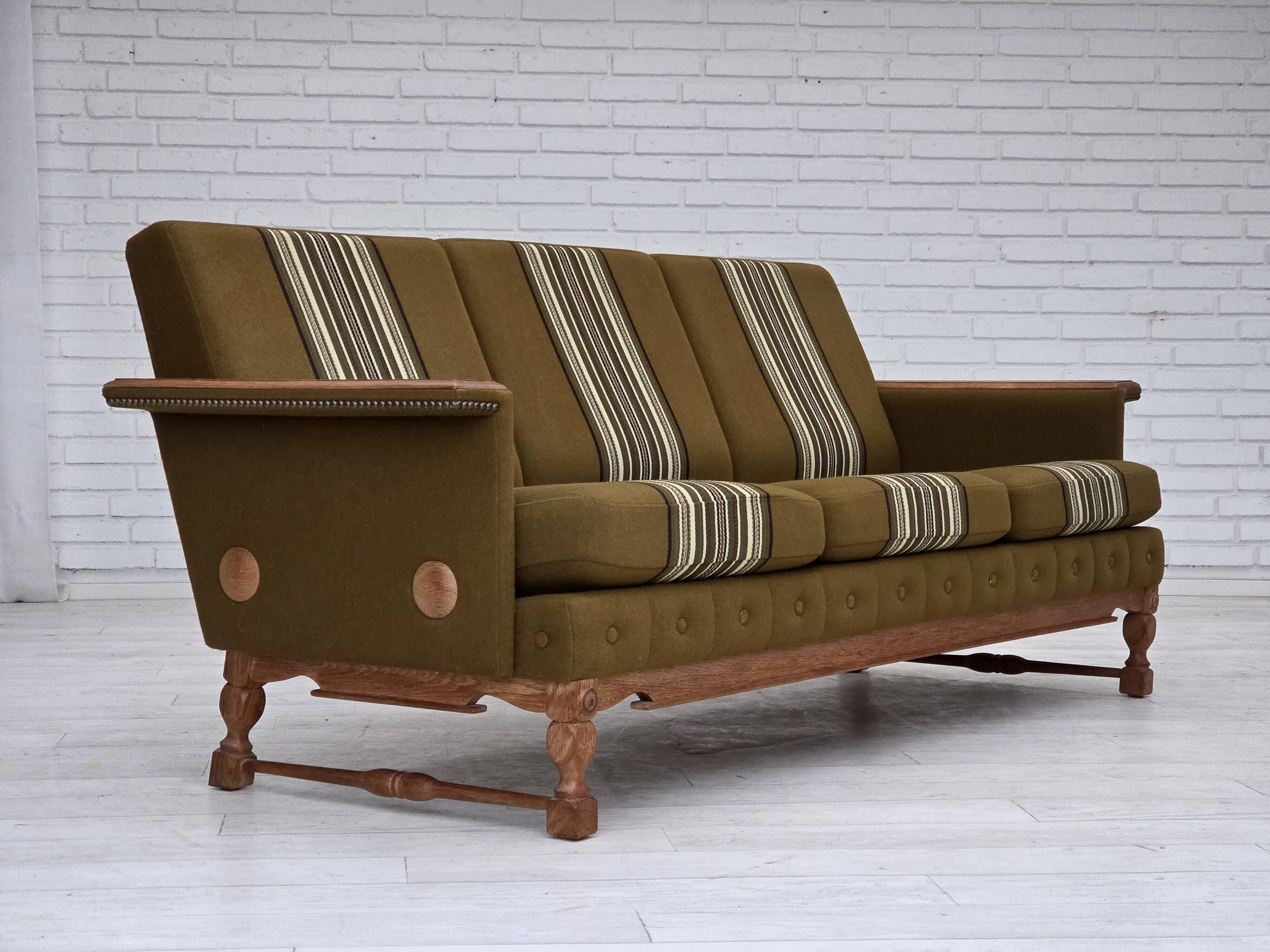1970s, Danish 3-seater sofa, furniture wool, solid oak wood.