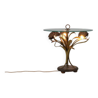 Table basse de style Hollywood Regency avec éclairage et fleurs en laiton, France