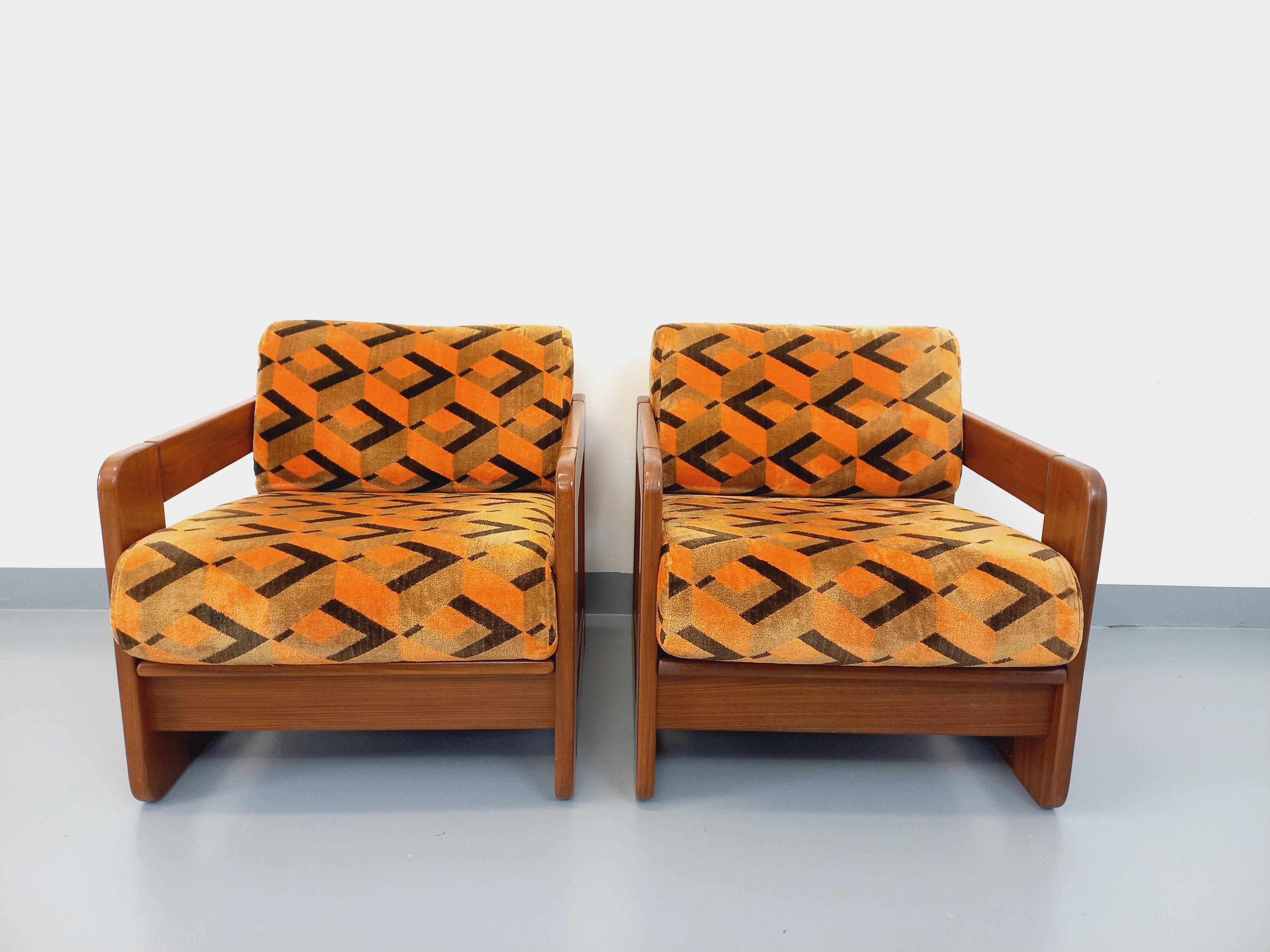 Pair of vintage walnut and velvet fabric sleigh armchairs from the 70s