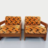Pair of vintage walnut and velvet fabric sleigh armchairs from the 70s