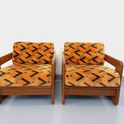 Pair of vintage walnut and velvet fabric sleigh armchairs from the 70s