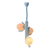 Mid-century white suspension with a bony design and opaline glass shade.