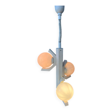 Mid-century white suspension with a bony design and opaline glass shade.