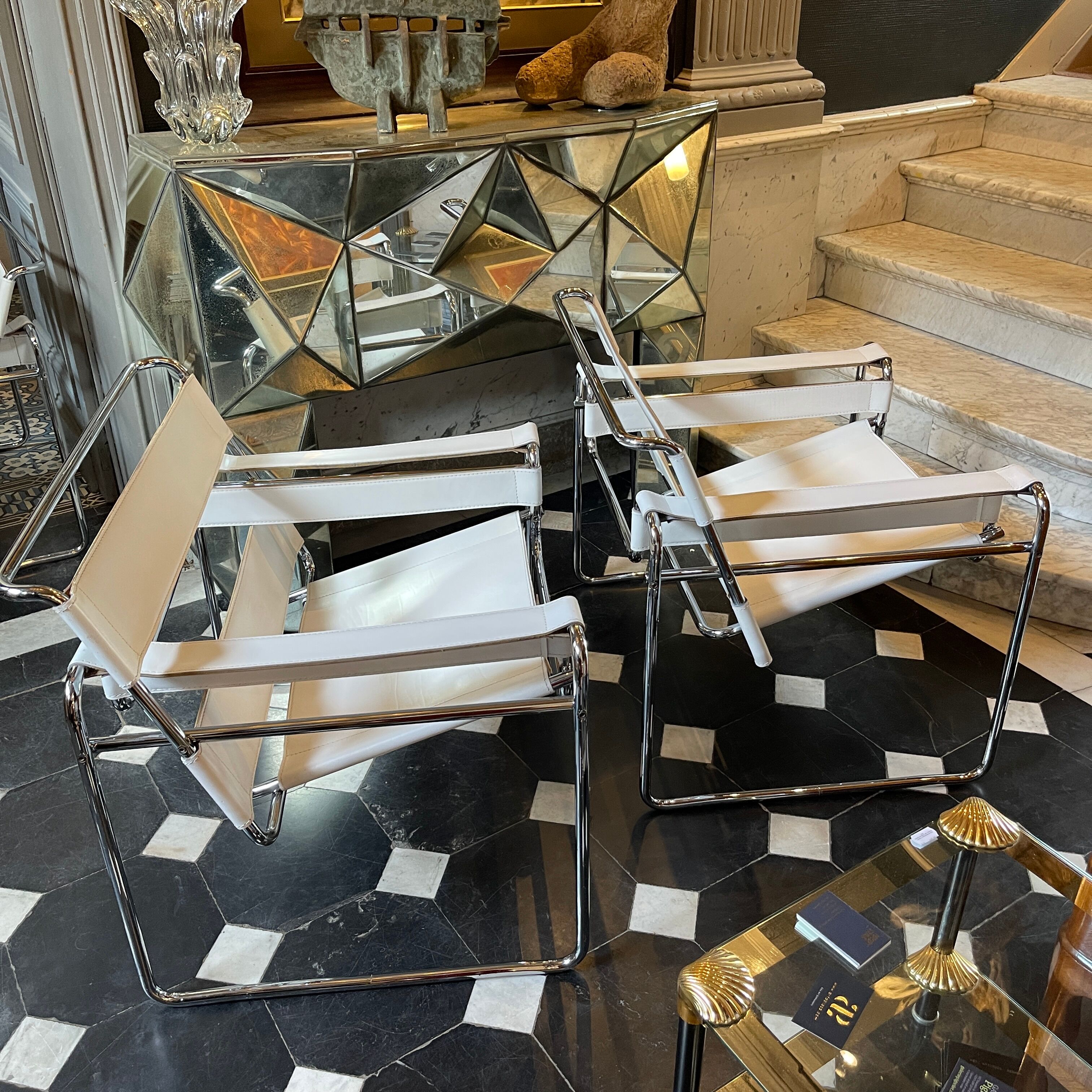 Pair of leather and steel armchairs by marcel breuer for gavina, " wassily b3 "