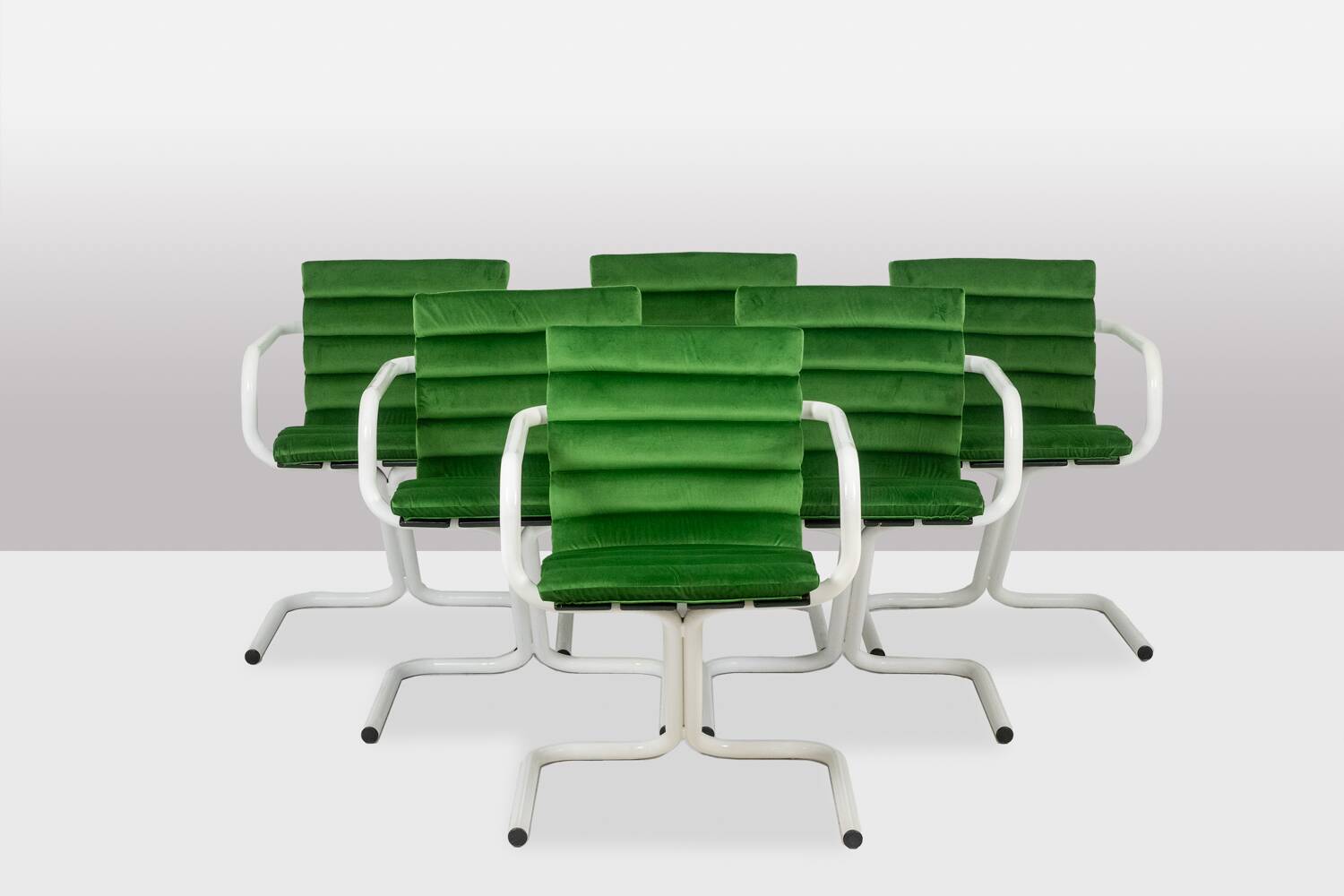 Set of 6 chairs in white lacquered metal and velvet. 1970s.