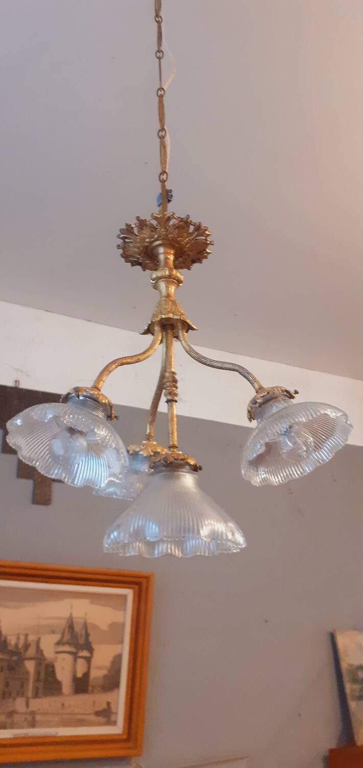 Chandelier in gilded bronze late 19th century around 1900 holophane glassware