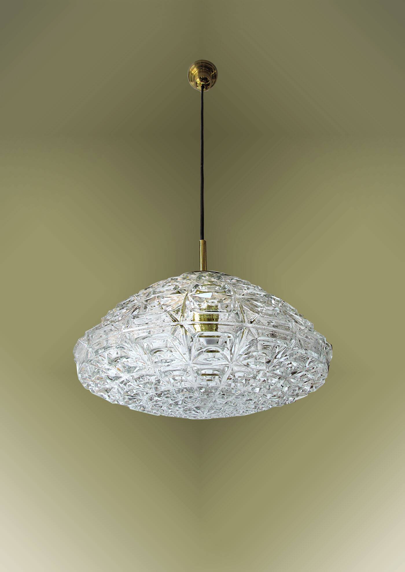 Vintage suspension thick transparent glass and brass 1960