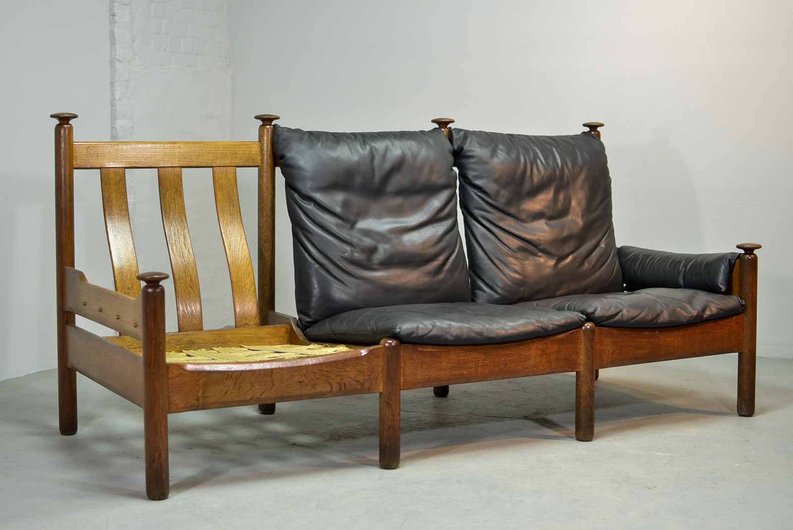 Sturdy Mid-Century Smooth Black Leather Scandinavian 3-Seat Sofa, 1960s