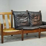 Sturdy Mid-Century Smooth Black Leather Scandinavian 3-Seat Sofa, 1960s