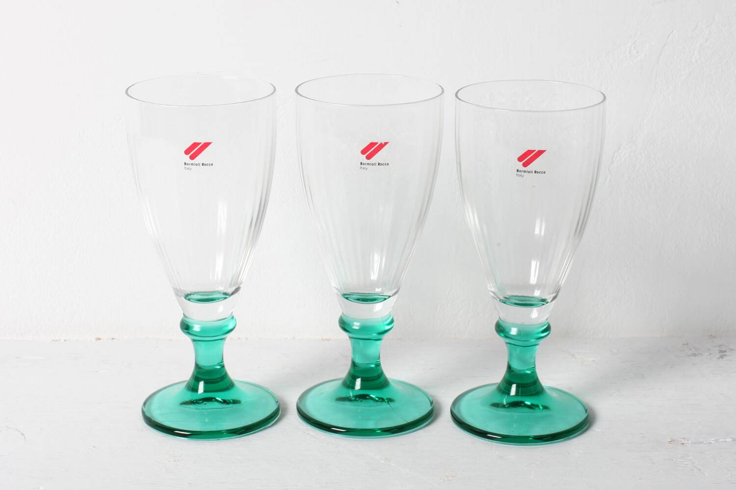 Set of 3 Vintage Bormioli Rocco Wine Glasses: Green Stem Harmonia, 1990s