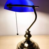 Lampe de banquier vintage en cristal bleu années 80