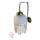 Brass swan neck wall lamp with pink glass globe and Charleston tassels