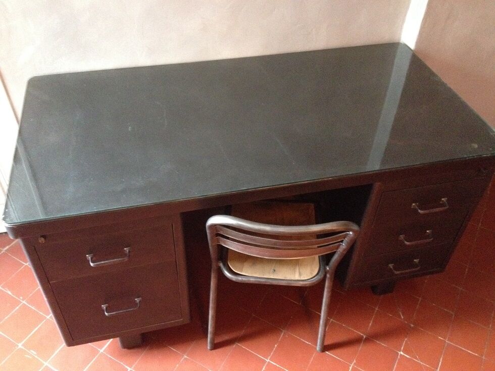 Industrial metal and glass top desk