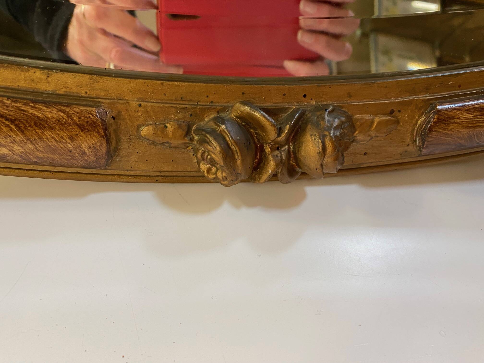 OVAL ART NOUVEAU MIRROR WITH ROSE DECOR AND PAINTED WOOD BEVELED GLASS