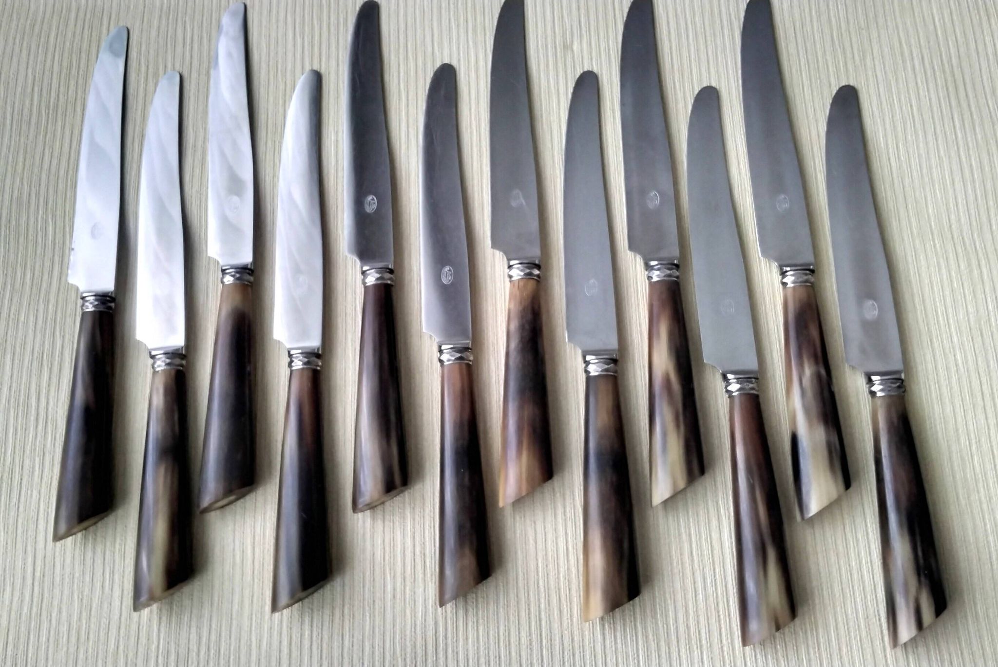 Box of 12 table knives with horn handles, silver-plated metal and stainless steel.