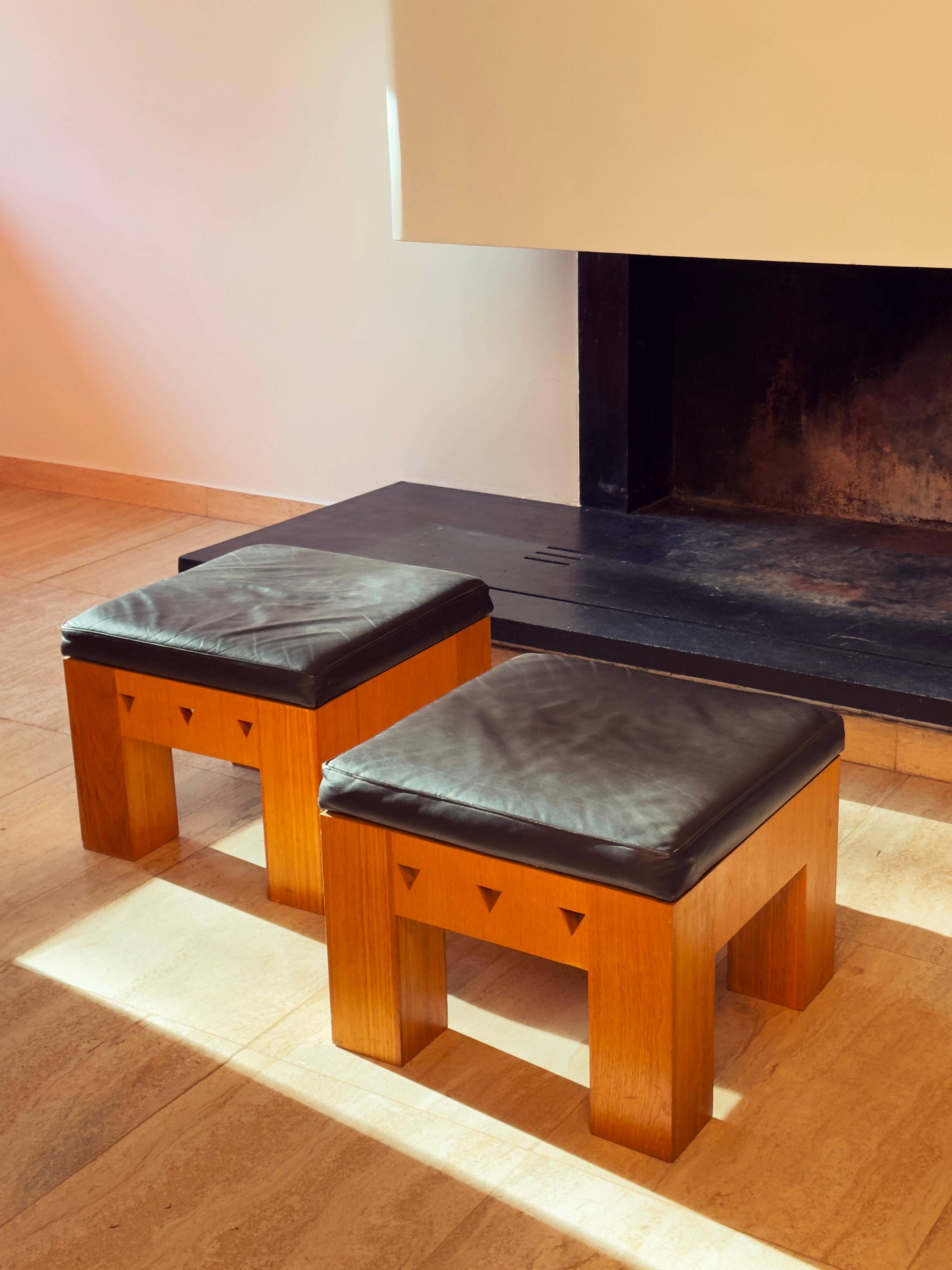 Pair of Low Wooden Stools with Leather Seats, 1970s