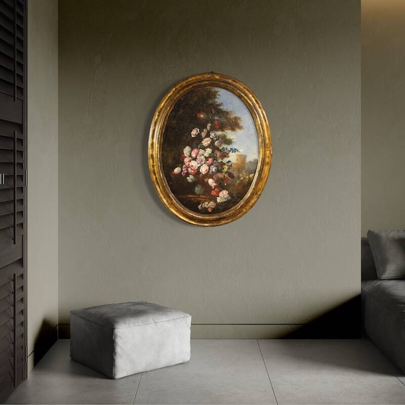 Peinture de nature morte ovale italienne antique du XVIIIe siècle
