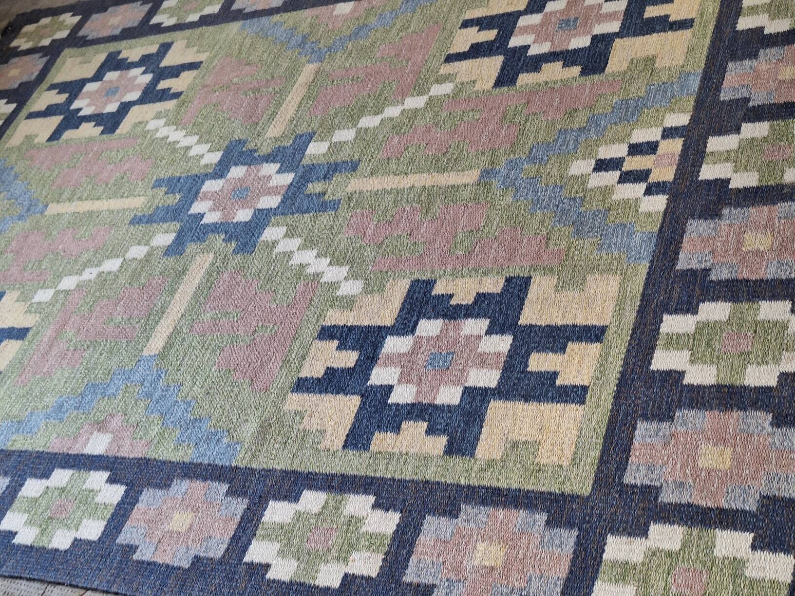 Mid century Scandinavian rug, Swedish wool flatweave with geometric design