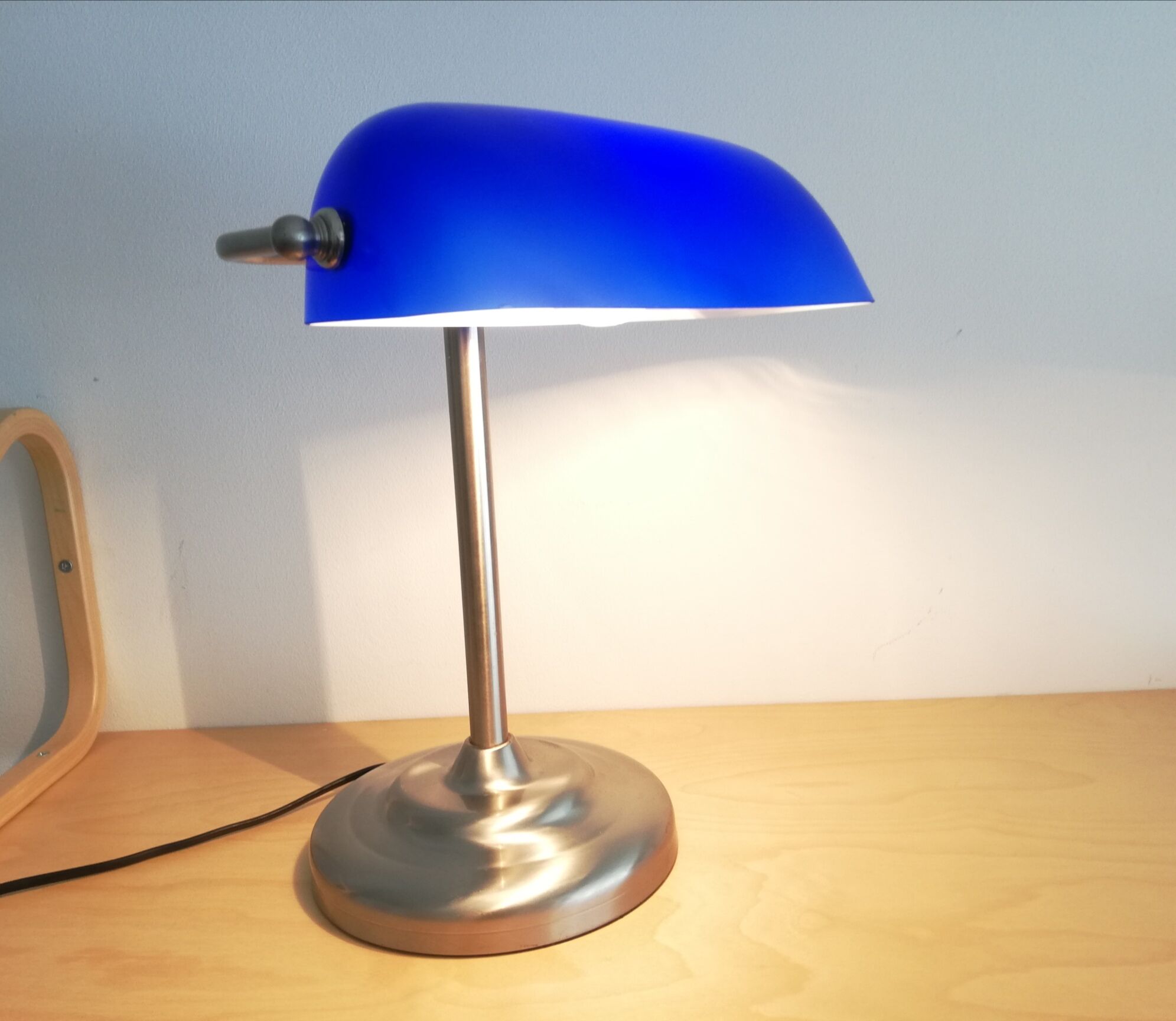 Blue glass and brass bankers lamp